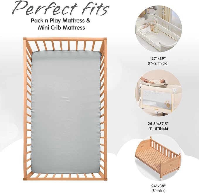 Horbaunal 2 Pack Satin Pack n Play Sheets for Baby with Sensitive Hair and Skin, Silky Mini Crib Sheets 38" x 24" x 5", Soft Playard Sheet Protector Baby Mattress Sheet, Blush Pink & Grey