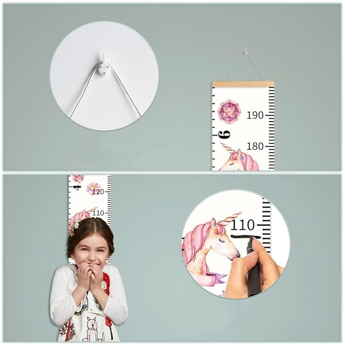 Personalized Growth Chart for Kids, Baby Height Chart with Custom Name, 77"x7.9" Canvas and Beige Wood Height Measuring Rulers for Boys Girls Removable Wall Ruler Hanging for Nursery Decor - Unicorn