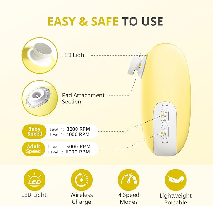 AIRSEE Premium Newborn Gift Electric Baby Nail File, Cordless Safe Nail Trimmer for Infant, 6 Replacement Heads with Magnetic Storage Case, 360° Light, Baby Clipper, Christmas, Soft Yellow