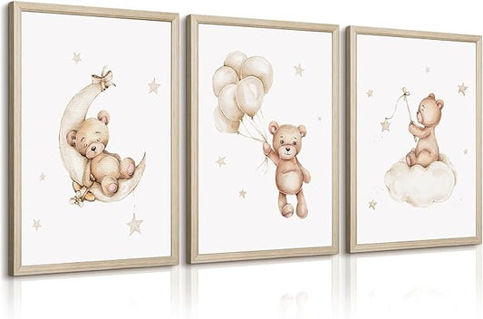 Bear Nursery Wall Art Decor Set of 3 Teddy Bear Canvas Wall Art Baby Boy Nursery Decor Prints Neutral Pictures Moon Star Cloud Print for Girls Children Room 16x24 Inch Wood Framed