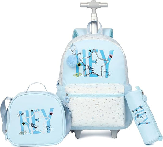 kingdisen Cute travelers club blue Rolling Backpack for women with wheels Rolling cart (HEY BLUE)