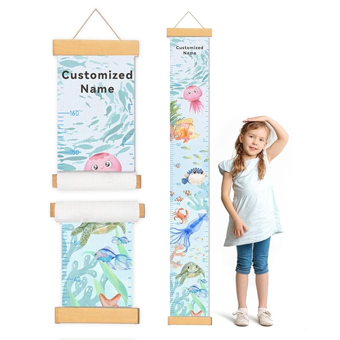 Woodemon Personalized Name Growth Chart for Wall, Painted Marine Animals Canvas Height Chart for Kids Baby Child Toddler, Canvas Growth Chart for Wall Nursery Decor, Hangable & Waterproof