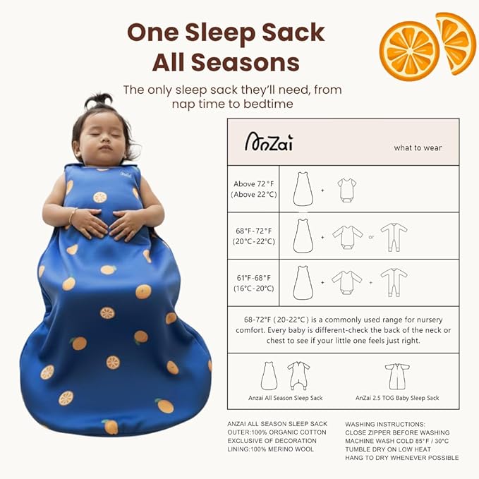 AnZai Merino Wool & Organic Cotton Sleep Sack for 2-24 Months - 2 Way Zipper Adjustable Sleeping Bag, Year Round