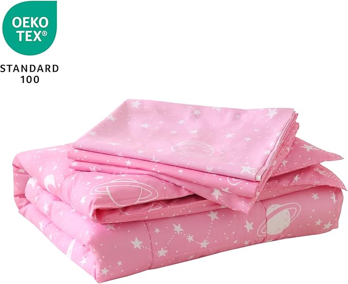 JSD Pink Moon Stars Toddler Bedding Set, 4 Piece Space Theme Bed-in-Bag Toddler Comforter Sheet Set, Machine Washable