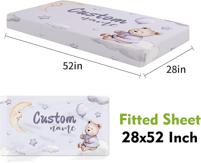 Personalized Baby Crib Bedding Set, Custom Name Moon Bear Baby Bedding 2-Pcs Set - Soft Double Layer Dotted Blanket and Fitted Sheet, Nursery Bedding for Newborn Boys Girls, Perfect Shower Gift