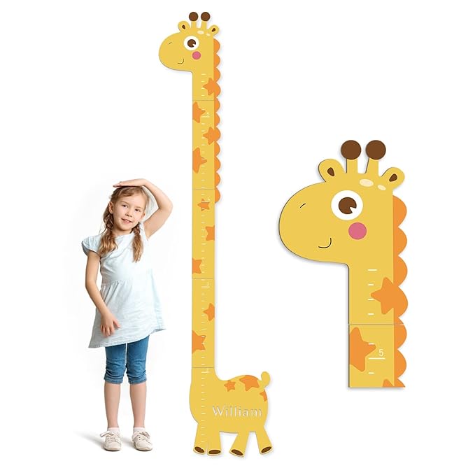 Woodemon Personalized Name Growth Chart for Kids, Giraffe Height Chart for Boy Girls, Measuring Board for Kids Height, Patchwork Wooden Height Chart Measuring Board, Nursery Growth Chart Ruler