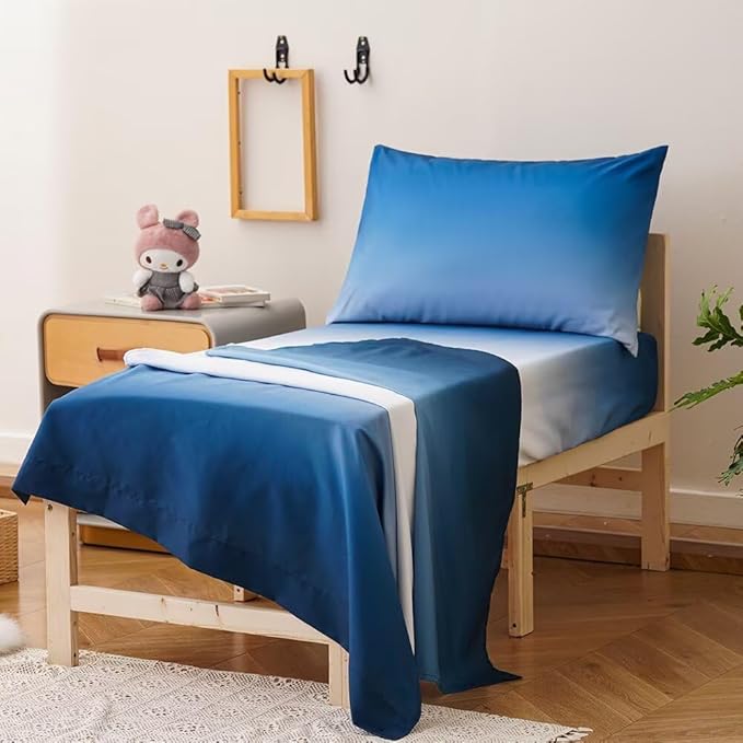 CLOTHKNOW Blue White Toddler Bedding Sets for Boys, 4 Pieces Bedding Sets, Blue Gradient Pattern, Soft Crib Bed Set Including Comforter, Flat Sheet, Fitted Sheet and Pillowcase, Blue