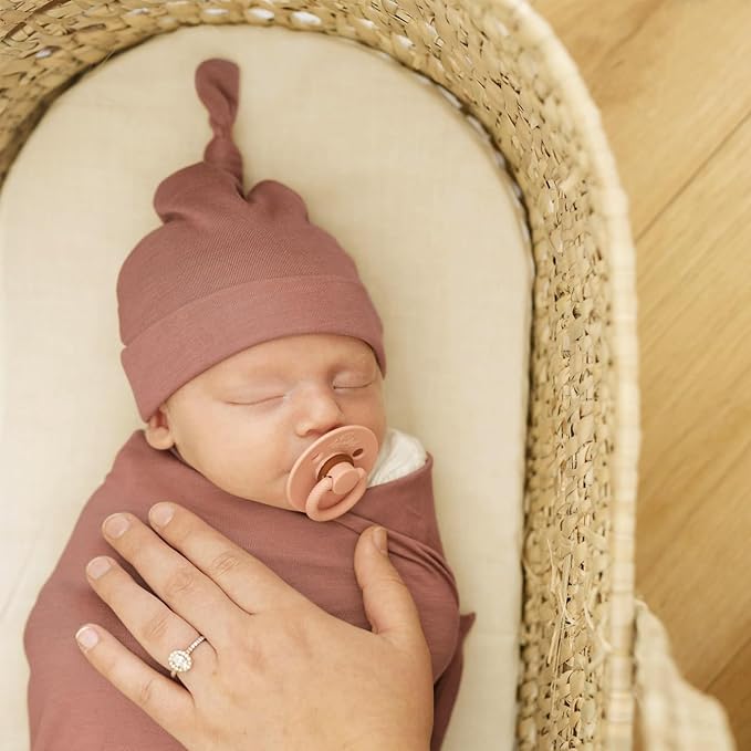 GRSSDER Newborn Swaddle Blanket, Ultra Soft Jersey Receiving Blanket with Matching Headband and Beanie Set 33×44", Stretchy Baby Neutral Swaddle Wrap for Girls and Boys