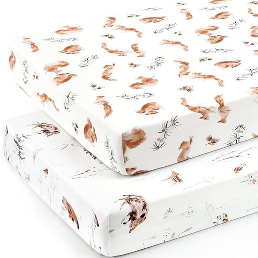 Stretch Ultra Soft Jersey Knit Fitted Crib Sheets Set 2 Pack，Fit All Standard Crib Mattress Pads Safe and Snug, Crib Fitted Sheet for Baby, Cute Jungle Squirrels and Animals