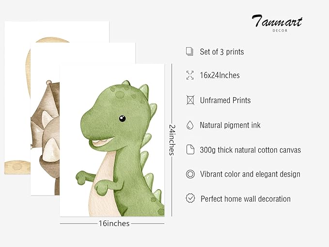 Dinosaur Wall Art Kids Boys Room Canvas Wall Decor Dino Nursery Wall Art Pictures Baby Dinosaur Poster Prints for Boys Bedroom Bathroom 16x24 Inch Unframed Set of 3