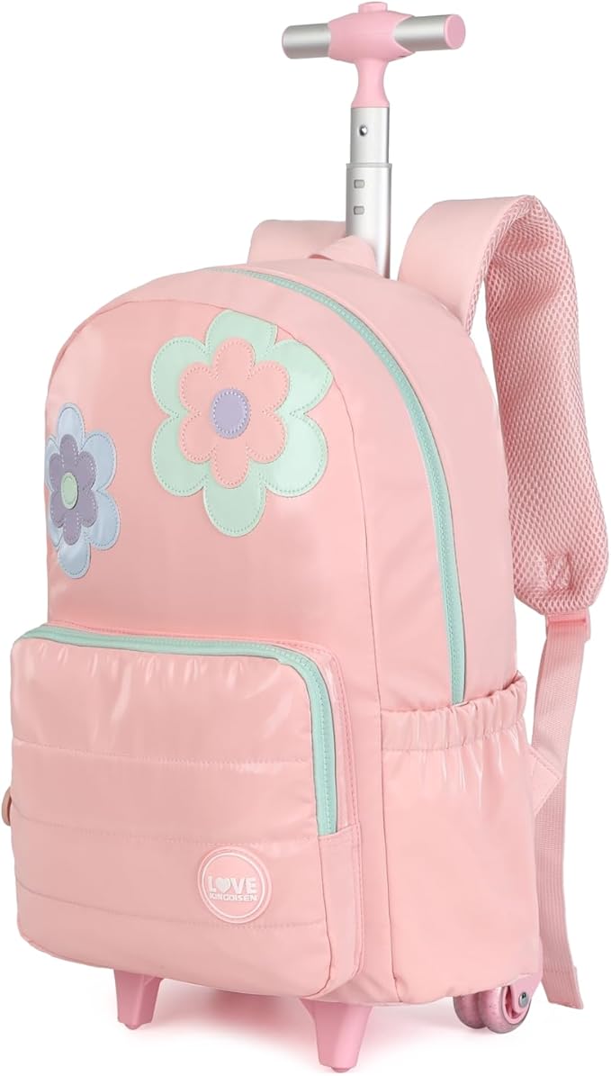 kingdisen Girls Kids Rolling Backpacks, Carry on Backpack with wheels (FLOWER PINKISH ORANGE)