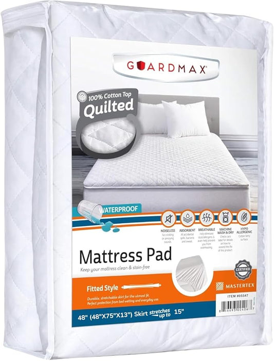 Guardmax Waterproof Quilted Fitted Mattress Pad | Hypoallergenic Cover | Breathable, Noiseless Barrier | 48" (48 x 75 x 13)