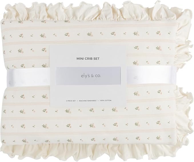 Ely's & Co. Mini Crib Bedding Set for Girls, 4 Piece Set Includes – 1 Fitted Mini Crib Sheet, Quilted Comforter and Decorative Pillowcase with Insert, Pink Linear Floral Collection