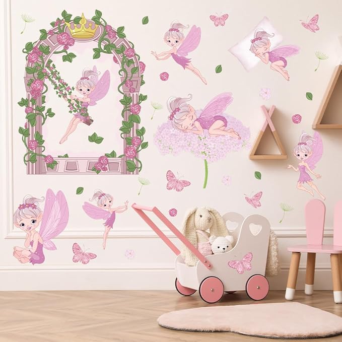 Fairy Girl Wall Decals Pink Flower Floral Butterfly Wall Stickers Baby Girl Room Wallpaper Peel and Stick Wall Art Decals for Girls Bedroom Kids Nursery Living Room