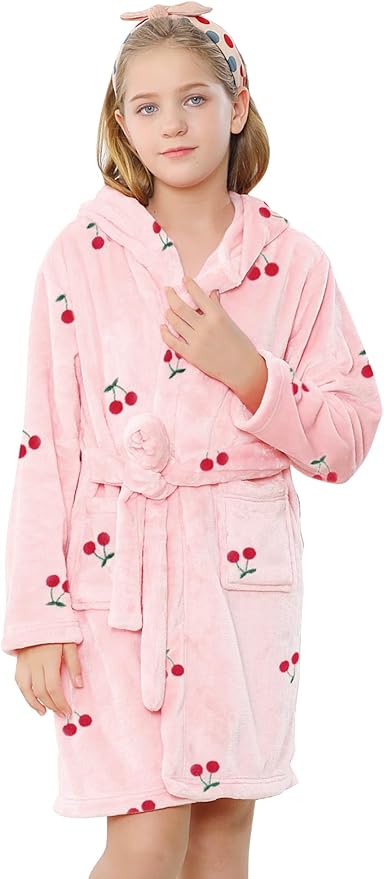 Umeyda Girls Fleece Hooded Robes, Warm Printed Bath Robe for Kids Soft Fuzzy Bathrobe for Gifts