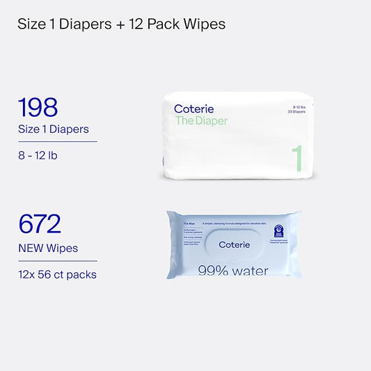 Coterie Baby Wipes + Diapers Kit, Size 1 Diapers (198 Count) & 12 Pack (672 Count) Baby Wipes with 99% Water, Plant Based Materials, Hypoallergenic for Sensitive Skin