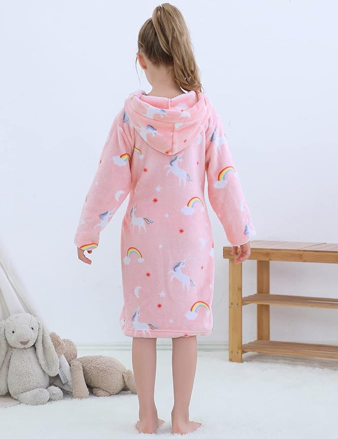 Girls Fleece Hooded Robes, Kids Soft Premium Fuzzy Bathrobe for Gifts, 2-12 Years
