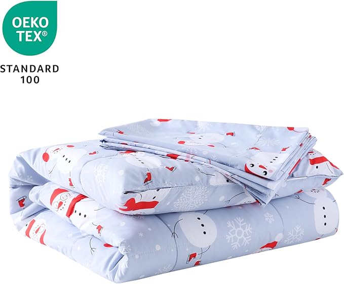 JSD Blue Snowman Toddler Bedding Set, 4 Piece Christmas Winter Toddler Microfiber Comforter Sheet Set, Lightweight Breathable