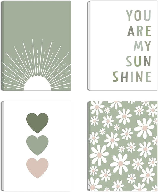 Boho Wall Art Set of 4 Sage Green Nursery Wall Decor You Are My Sunshine Canvas Painting Prints Daisy Flower Cute Heart Pattern Posters Baby Room Pictures for Bedroom Kid Girls Room 12x16 In Framed