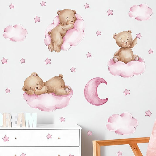 Cute Pink Sleeping Baby Bear Wall Stickers, sacinora Moon and Stars DIY Art Wall Decals Removable Vinyl Peel and Stick for Girls Kids Baby Nursery Bedroom Toddler Room Kindergarten Decorations