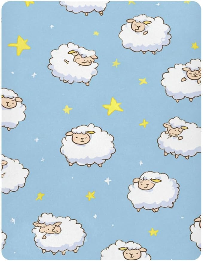 Sheep and Stars Blue Crib Sheets Standard Crib Toddler Mattresses Cover Fitted Baby Bed Sheet Breathable Crib Mattress Sheet for Girls Boys 52" x 28"x5''