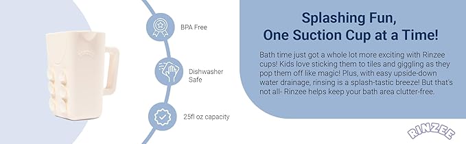 Rinzee® Baby Bath Cup with Suctions - BPA Free, 100% Food Grade Silicone Rinse Cup, Clutter-Free Tub Area, Kids Learning Tool, Sticks to Tiles, Drains Water Upside Down- "Patent Pending"