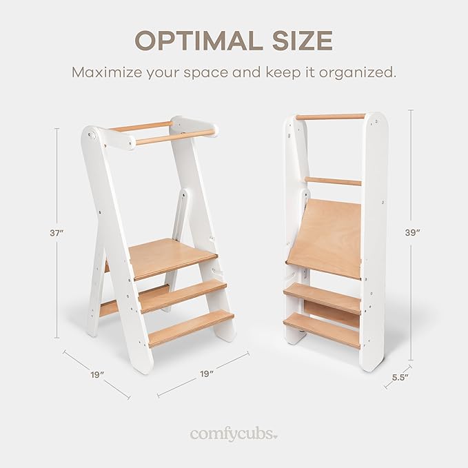 Comfy Cubs Kids Step Stool for Ages 3+, 3 Height Adjustable Toddler Tower, Montessori Furniture Designed in The US - Toddler Standing Tower for Kitchen Sink & Bathroom Access - White