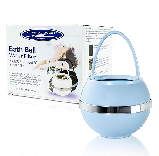 Crystal Quest Bath Ball Water Filter for Bathtub - 3-Stage Filtration, Removes Chlorine, Chloramine & Byproducts, 2,500 Gallons, BPA Free, pH Balanced Water, Fits Most Tubs, Easy Install - Blue