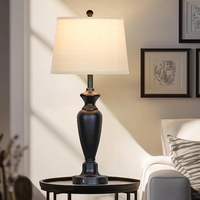luxeflow 30" Tall Black Table Lamps Set of 2 for Living Room, Touch Control Bedside Lamps for Nightstand, 3-Way Dimmable Bedroom Table Lamp with USB A+C Ports and AC Outlet (2 LED Bulbs Included)