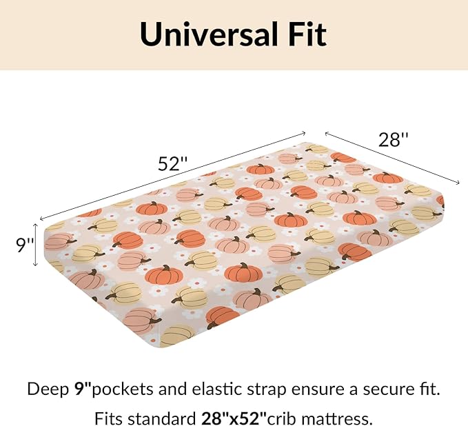 Autumn Pumpkin Boho Floral Baby Crib Sheets Fall Pumpkin Flowers Fitted Crib Mattress Cover Autumn Thanksgiving Harvest Toddler Baby Sheet for Standard Crib 28x52in