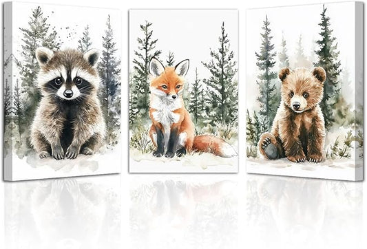 LZIMU Nursery Animal Canvas Wall Art 3 Pieces Cute Animal Baby Picture Prints Woodland Nursery Painting for Kids Boy Girls Room Decor Framed (Grey, 11x14inchx3 Pieces)