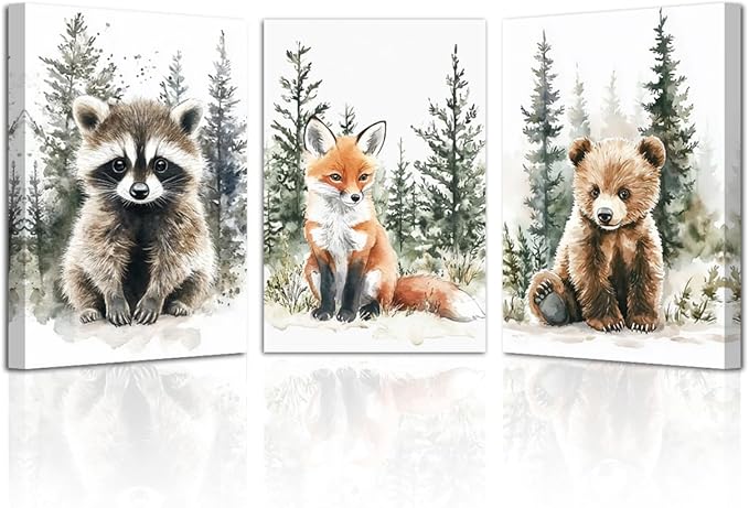 LZIMU Nursery Animal Canvas Wall Art 3 Pieces Cute Animal Baby Picture Prints Woodland Nursery Painting for Kids Boy Girls Room Decor Framed (Grey, 16x24inchx3 Pieces)