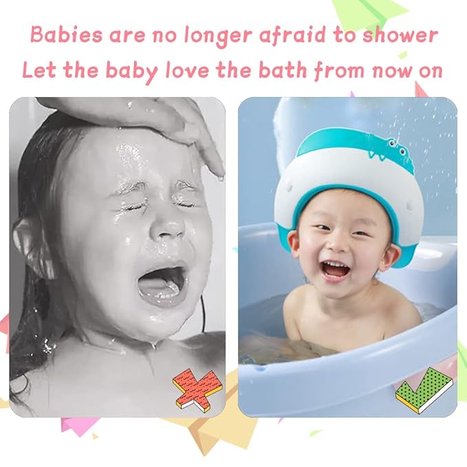 Baby Shower Cap Shield, Shower Cap for Kids, Visor Hat for Eye and Ear Protection for 0-9 Years Old Children,Cute Dinosaur/Crocodile/Hippo shape Makes the Baby Bath More Fun (Crocodile, Blue)