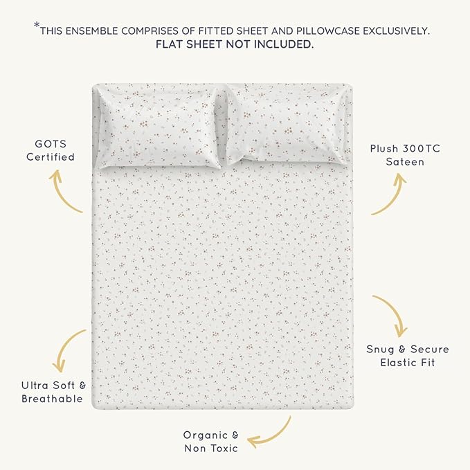 MakeMake Organics Organic Queen Fitted Sheet Set GOTS Certified Organic Cotton Fitted Sheet with Pillowcase Ultra Soft Non Toxic Breathable Hypoallergenic Colorful Neutral (Twin, Gardenia)