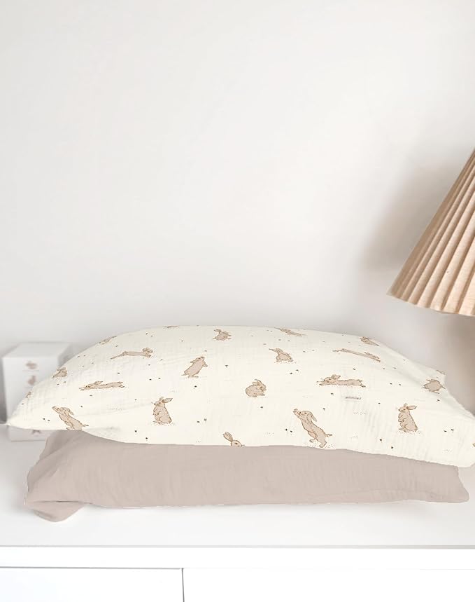 Toddler Pillowcases for 13"x18" Pillow 2 Pack, Muslin Small Toddler Baby Kids Travel Pillow Covers for Boys Girls with Envelope Closure (Rabbit B & Beige, 13 x 18 Inch)
