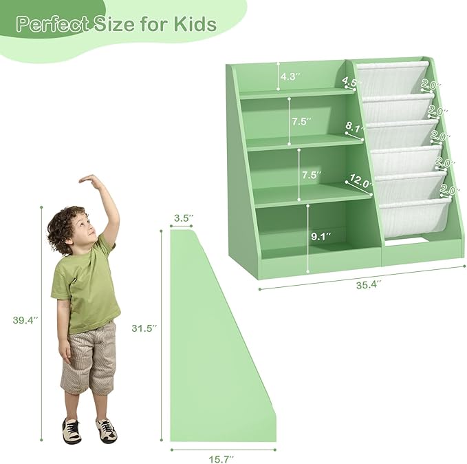 HedoAjim Kids Bookshelf Toddler Bookcase Children Book Rack Baby Toy Storage Organizer Child Book Display Shelf 4-Tier 5 Layer Sling Cabinet Chest Playroom Bedroom Classroom Library Green