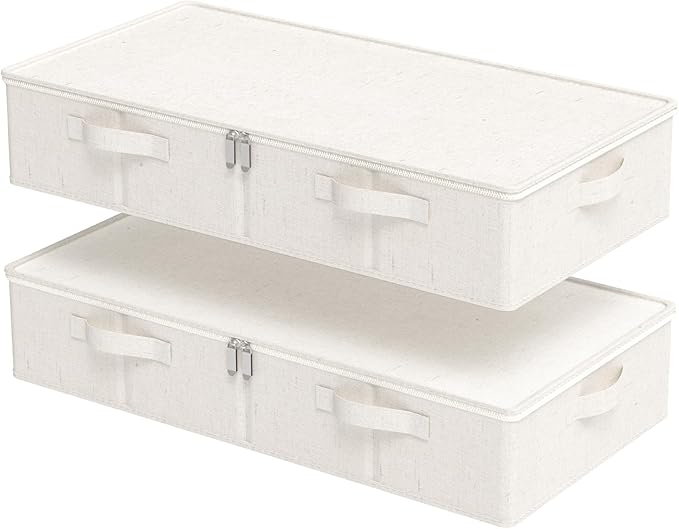 ENUMAIL Underbed Storage Bins Compartment, Foldable Under Bed Boxes Organizer, Cube Container with Lid for Organizing Clothes, Sheets, Blankets, Comforter, 31.4x15.7x5.9in, Beige, 2 Pack