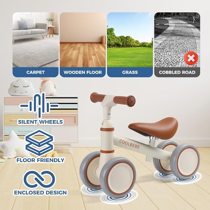 COOLBEBE Baby Balance Bike for 1 Year Old Boys Girls Gift, 2 Year Old Toddler Balance Bike with 4 Silent Wheels, One Year Old Birthday Gift Children for 12M-36M Pre-School