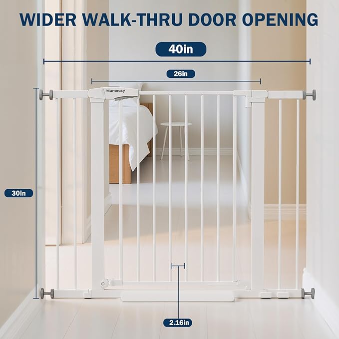 Baby Gate with Door, 26-40" Auto Close Dog Gate Indoor for Stairs Doorways, Easy Install Pressure Mounted Pet Gate, Easy Walk Through Child Safety Gate for The House, White
