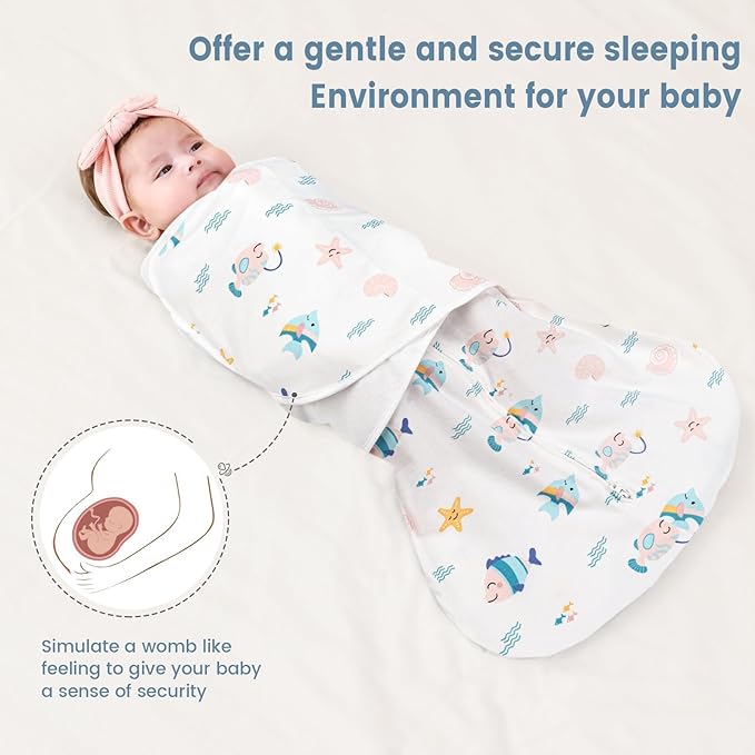 ZIGJOY Sleep Sack Swaddle 1.0 Tog Baby Wearable Blanket 100% Cotton Adjustable Silent Transition Swaddle Blanket, 0-6 Months, Ocean