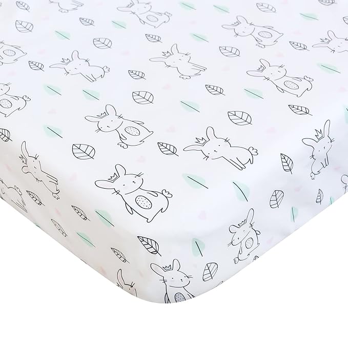 Pack and Play Sheets Fitted Mini Crib, Breathable Microfiber Stretchy Playard Sheets Fit for Graco Pack and Play, Lovely Bunny Mini Crib Fitted Sheets for Boys and Girls