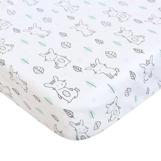 Pack and Play Sheets Fitted Mini Crib, Breathable Microfiber Stretchy Playard Sheets Fit for Graco Pack and Play, Lovely Bunny Mini Crib Fitted Sheets for Boys and Girls