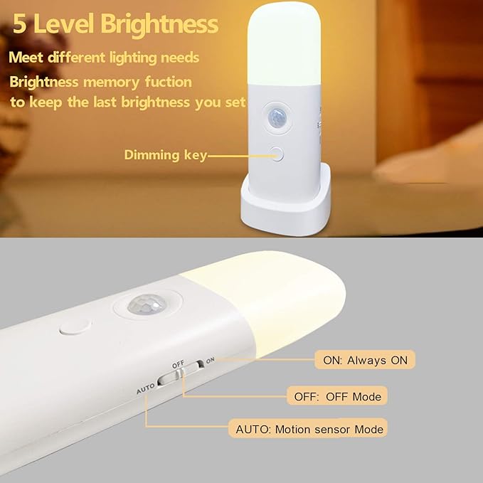 CREWEEL Motion Sensor Night Light Indoor, 2000mAh Battery Operated Lights, Cordless Table Lamps for Kids, 5 Stages Dimmable LED Nursery Night Lights for Bedroom, Bathroom, Hallway