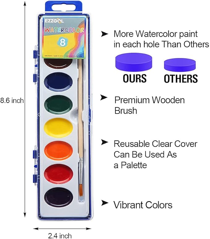 Watercolor Paint Sets Bulk Pack of 24, Ezzgol 8 Colors Washable Paint Sets for Kids, Quality Water Color Wooden Brushes, Perfect for Preschool Classroom