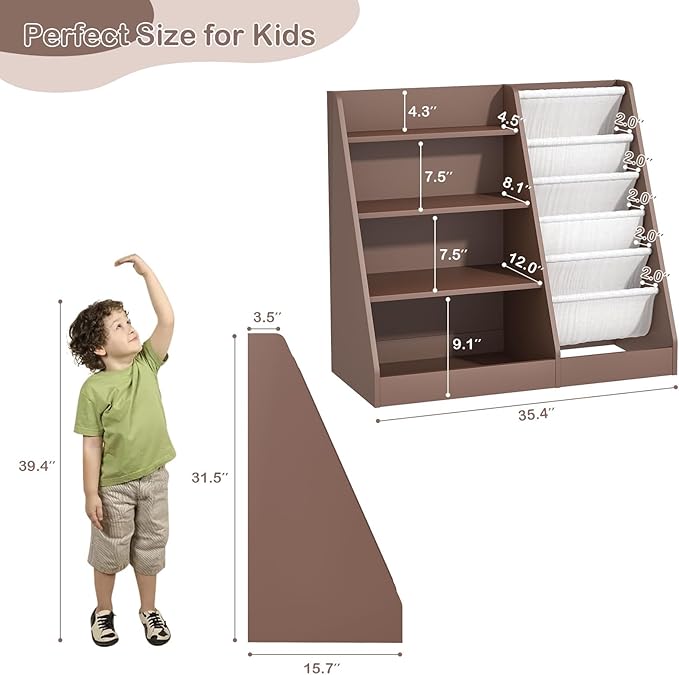 HedoAjim Kids Bookshelf Toy Storage Organizer 4-Tier Wood Book Rack Toddler Bookcase Baby Book Toy Display Shelf 5 Sling Bookshelf for Playroom Bedroom Nursery Classroom Church Espresso