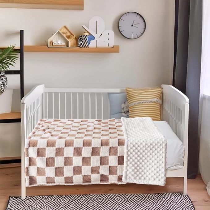 Soft Black and White Checkered Baby Blankets for Unisex Girls or Boys Breathable Gender Neutral Nursery Double Layer Blankets with Dotted Backing for Newborn Toddlers (Minky Brown)
