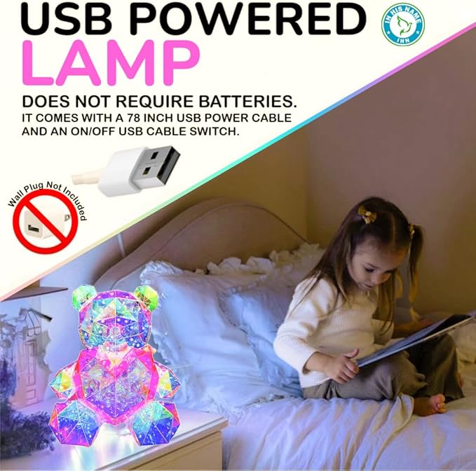 IN HIS NAME LED Teddy Bear Night Light - Colorful LED Light Up Bear with Pink Heart for Kids Room - Premium Bedside Lamp Nursery Decor & Cute Light for Kids - Unique Nursery Lighted Gifts Spring Decor