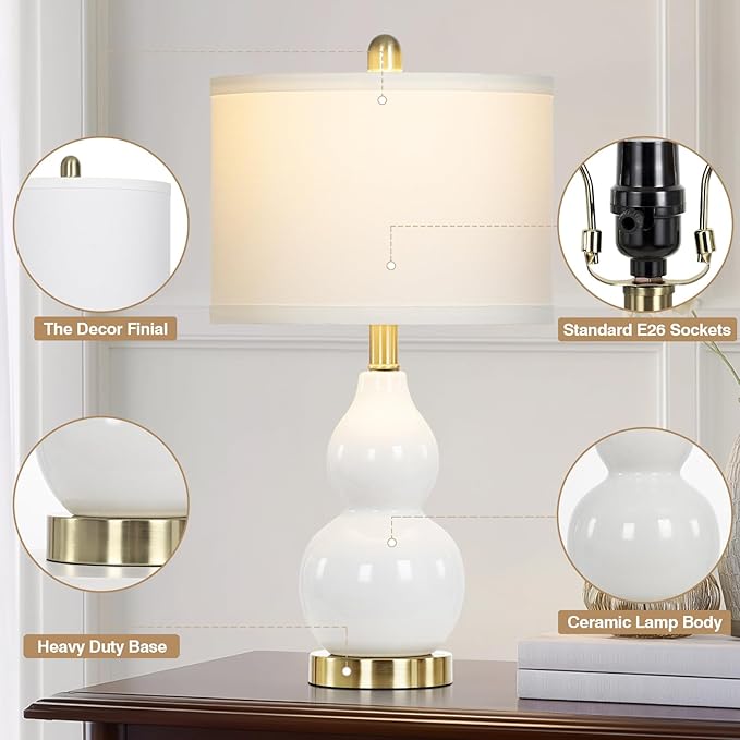 luxeflow 22" Modern Double Gourd Ceramic Table Lamps Set of 2, White Bedside Lamps for Living Room, Contemporary Nightstand Desk Lamps for Bedroom End Table Home Office Decor(2 LED Bulbs Included)