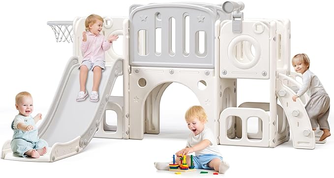 8 in 1 Toddler Slide,Kids Climber Slide with Storage Space and Non-Slip Steps,Indoor Outdoor Playset with Basketball Hoopa and Telescope,Slide for Toddlers Age 1-8 (White+Grey)