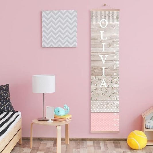 Personalized Name Kids Growth Chart Ruler Flower Dinosaur Growth Ruler Canvas Wall Ruler Oak Solar Woodland Theme Kids Height Chart Baby Wall Growth Chart with Custom Name (Oak)